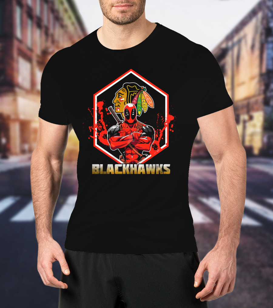 Deadpool With Chicago Blackhawks Logo Embrace T-Shirt