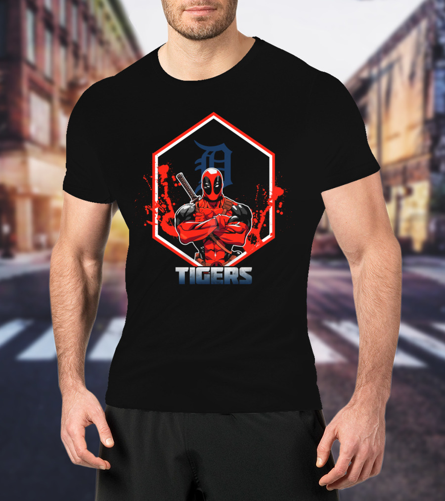Deadpool Detroit Tigers Collaboration Fan Art With Samurai Sword T-Shirt