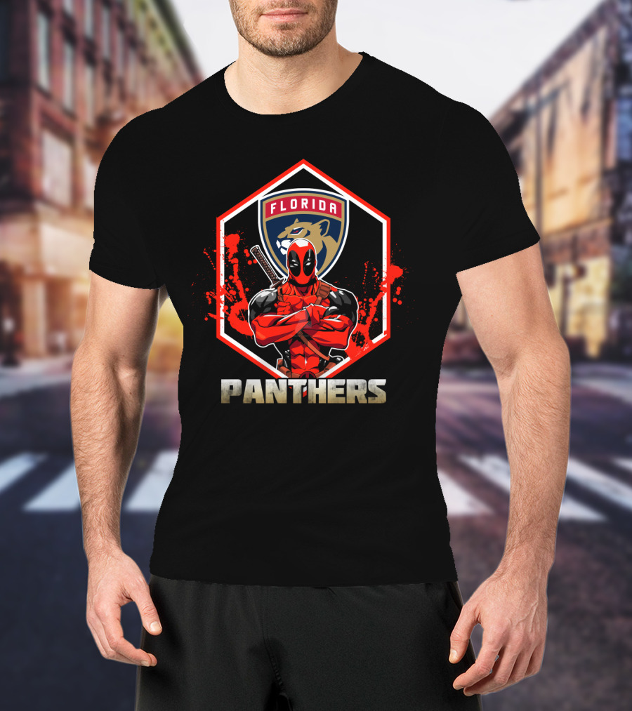 Deadpool Florida Panthers Crossover Featuring Iconic Character And NHL T-Shirt