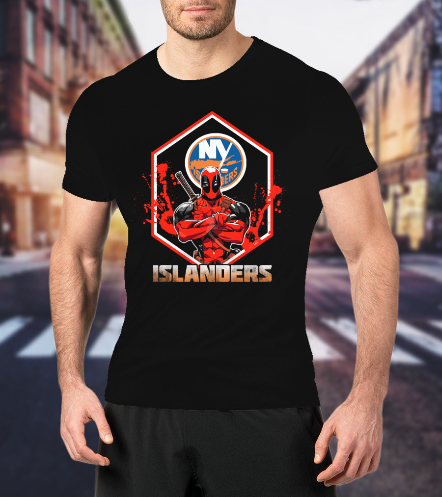 Deadpool NY Islanders Crossover Fan Art With Hockey And Comic Book Themes T-Shirt