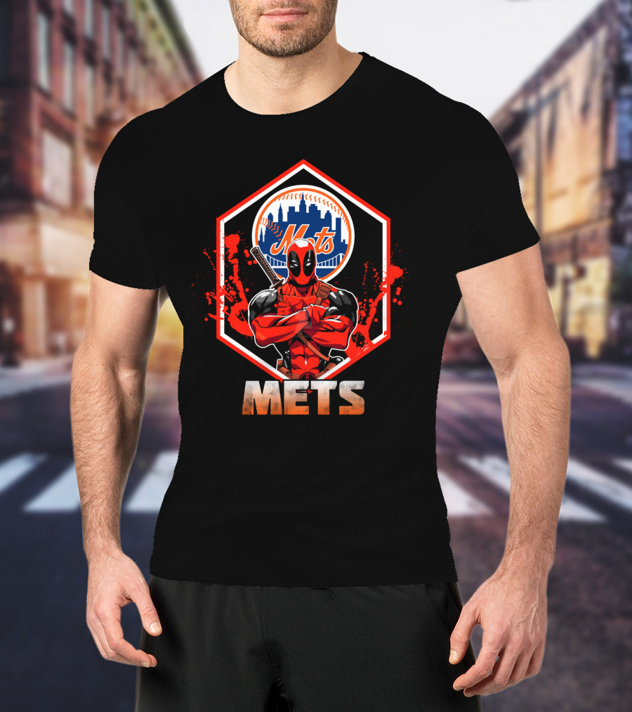 Deadpool Mets Crossover Featuring Iconic New York Baseball T-Shirt
