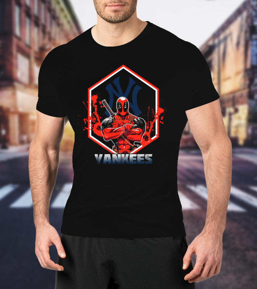 Deadpool Yankees Mashup Fan Art With Logo And Iconic Character T-Shirt