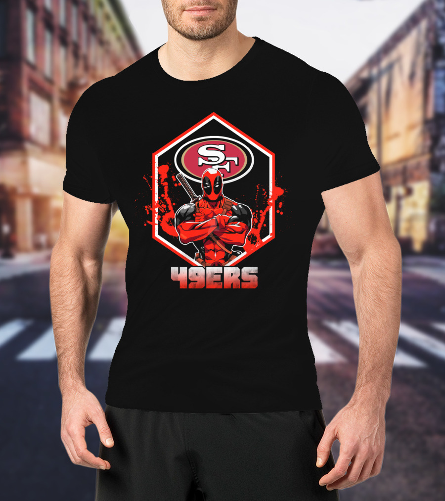 Deadpool Crossing Arms In Front Of San Francisco 49ers Logo With 49ers T-Shirt