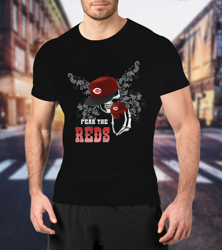 Fear The Cincinnati Reds Skull Skeleton With Red Cap And Floral T-Shirt