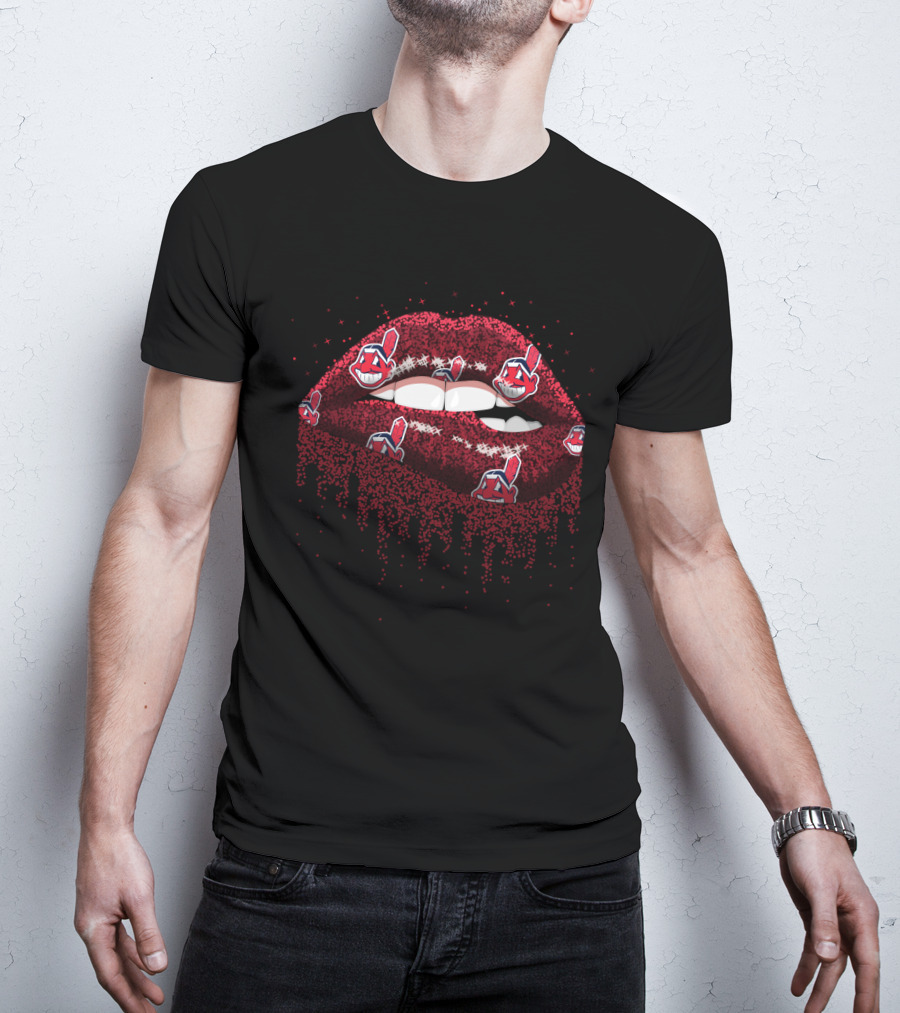 Red Glitter Lips With Cleveland Indians Logos For Fans T-Shirt