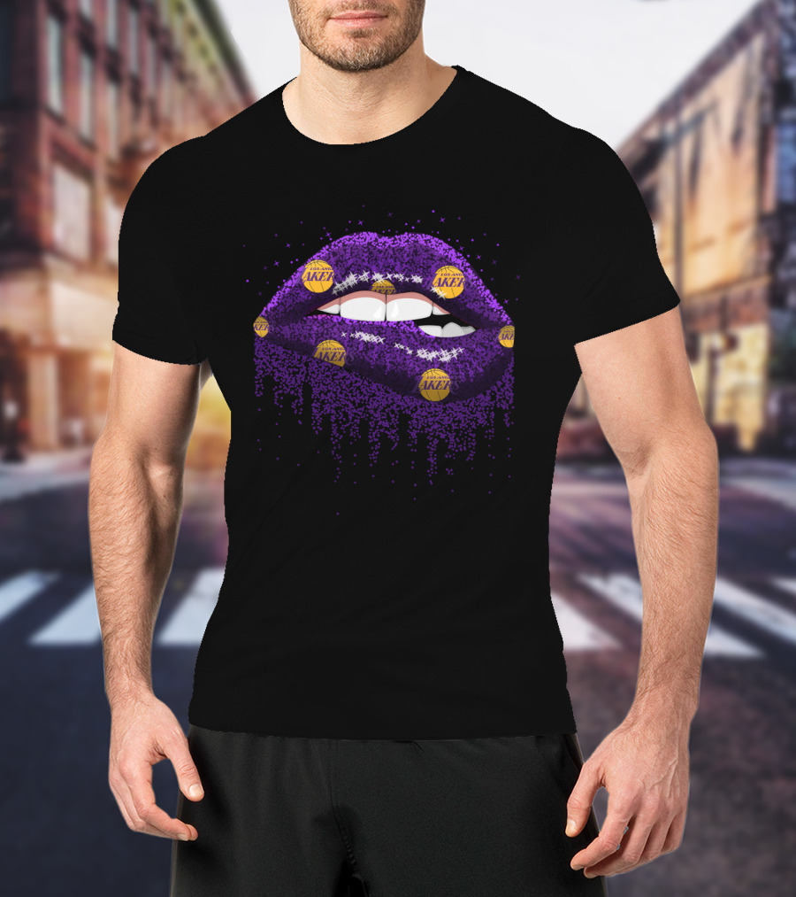 Glitter Purple Lips Decorated With Los Angeles Lakers Basketball Logos For Fans T-Shirt
