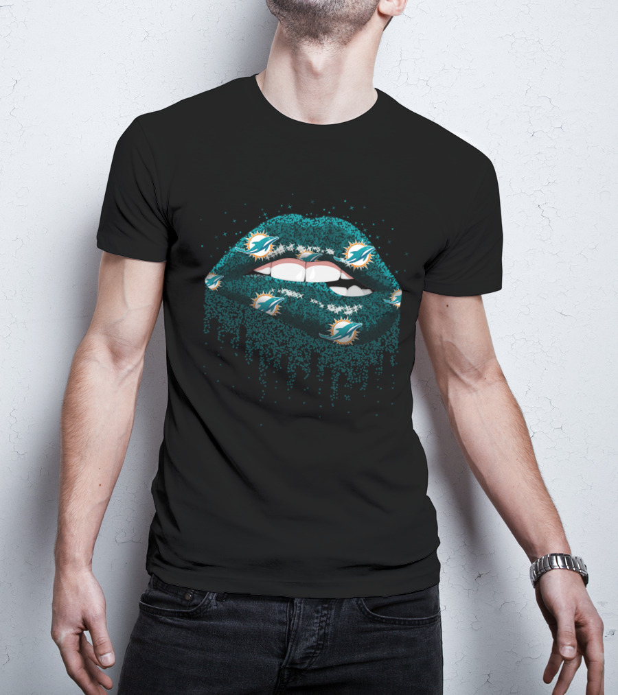 Glitter Patterned Lips With Miami Dolphins Logo For Fans T-Shirt