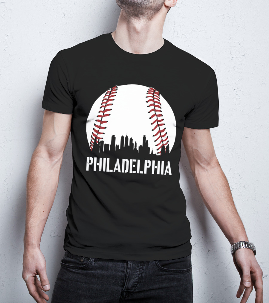Philadelphia Skyline Baseball Stitching Downtown Philly T-Shirt