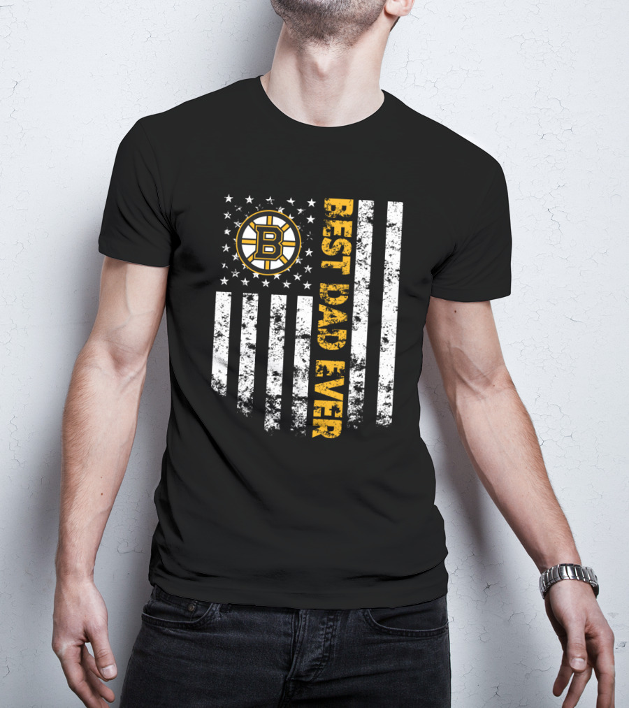 Boston Bruins Best Dad Ever With Vintage American Flag T-Shirt