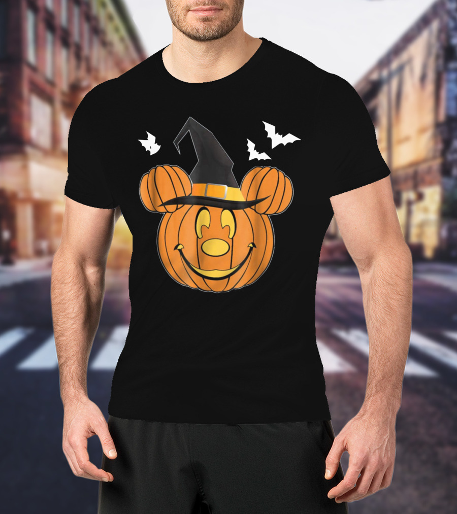 Disney Mickey Mouse Halloween Pumpkin Witch Hat And Bats T-Shirt
