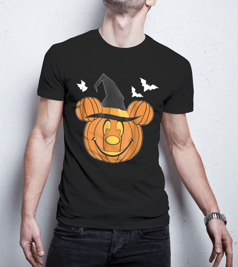 Disney Mickey Mouse Halloween Pumpkin Witch Hat And Bats T-Shirt