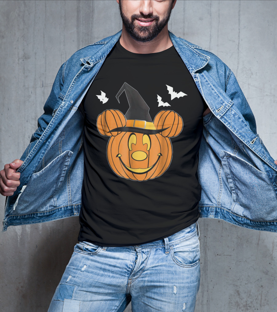 Disney Mickey Mouse Halloween Pumpkin Witch Hat And Bats T-Shirt