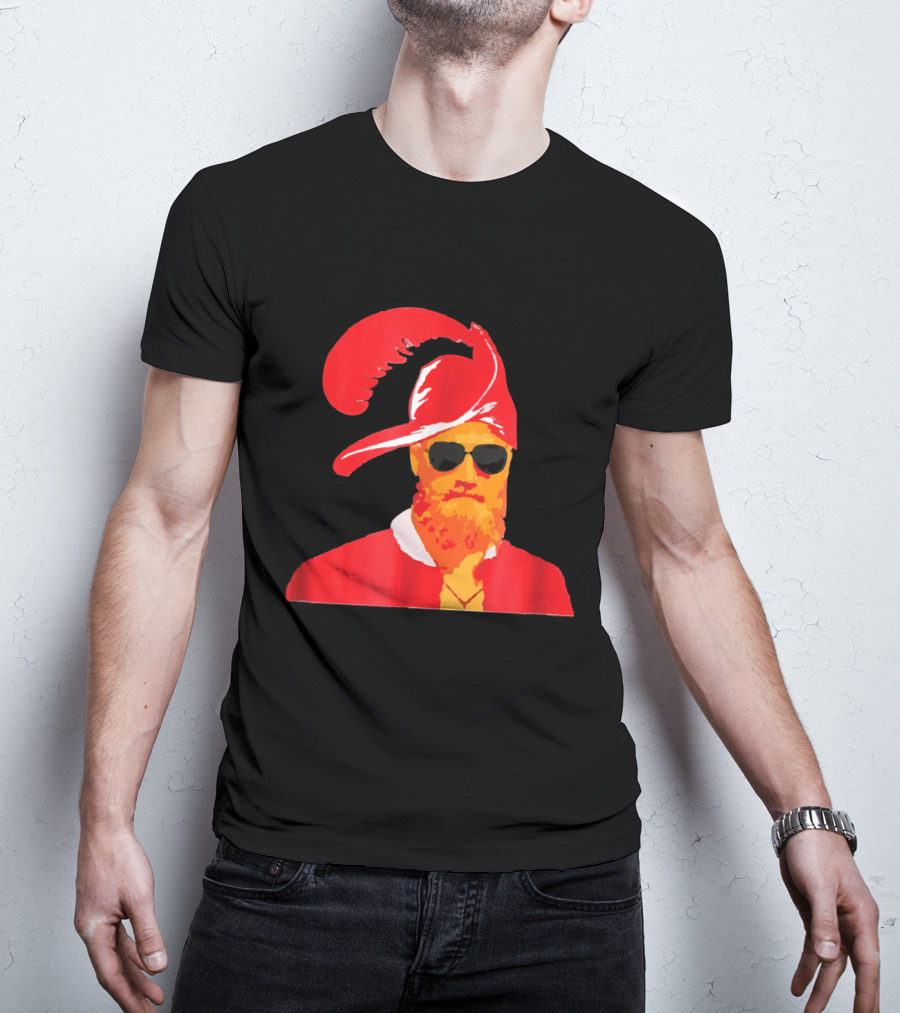 Fitzmagic Pirate Santa With Sunglasses Iconic Beard Red Feather Hat T-Shirt