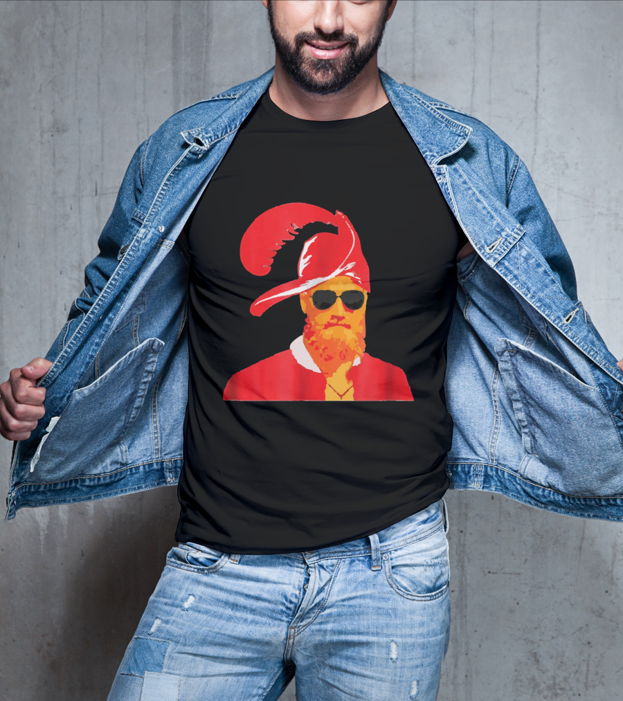 Fitzmagic Pirate Santa With Sunglasses Iconic Beard Red Feather Hat T-Shirt