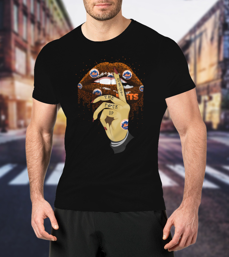 New York Mets Glitter Lips Shut Up Hand Gesture With Team T-Shirt