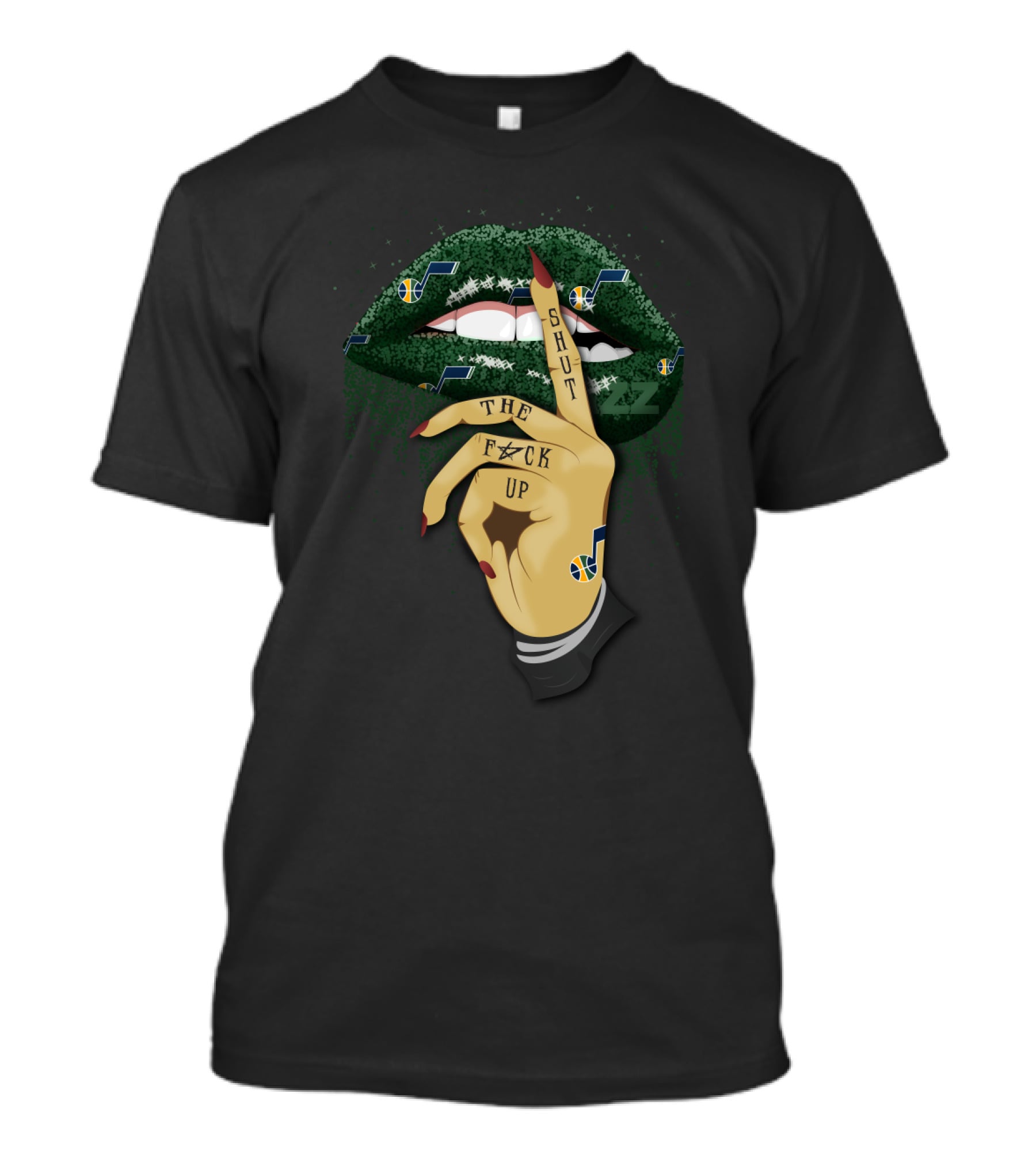 Utah Jazz Glittery Lip And Hand With Shut Up T-Shirt