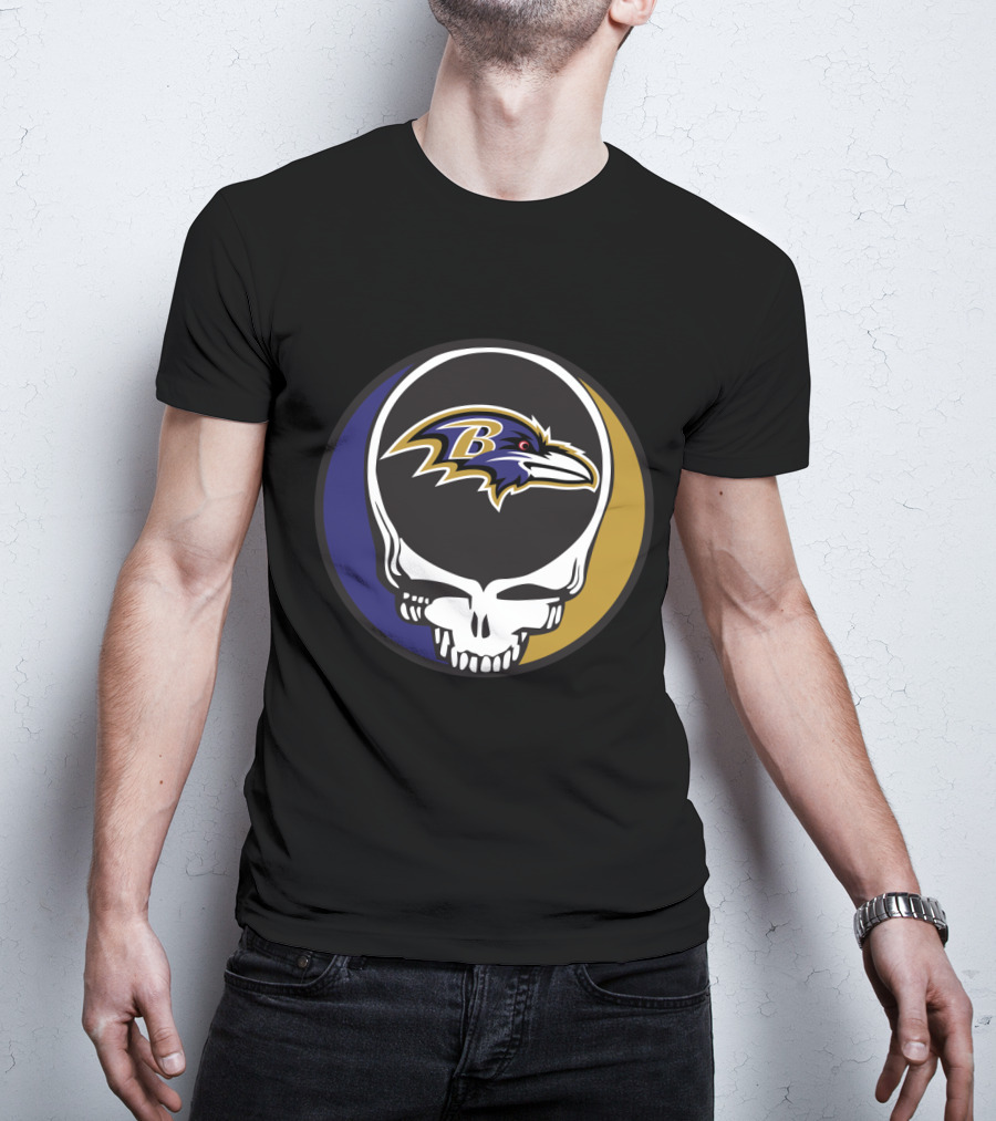 Grateful Dead Skull Logo With Baltimore Ravens Team T-Shirt