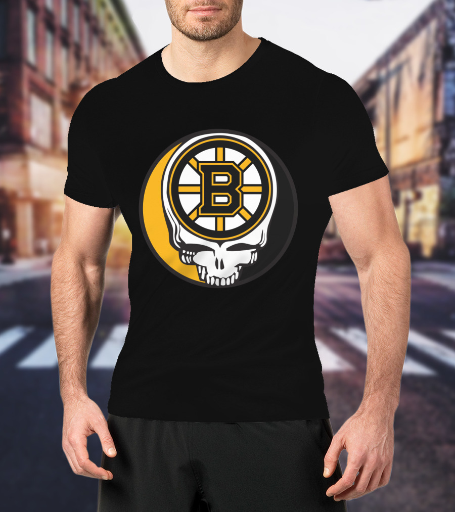 Boston Bruins And Grateful Dead Skull Logo Fusion T-Shirt