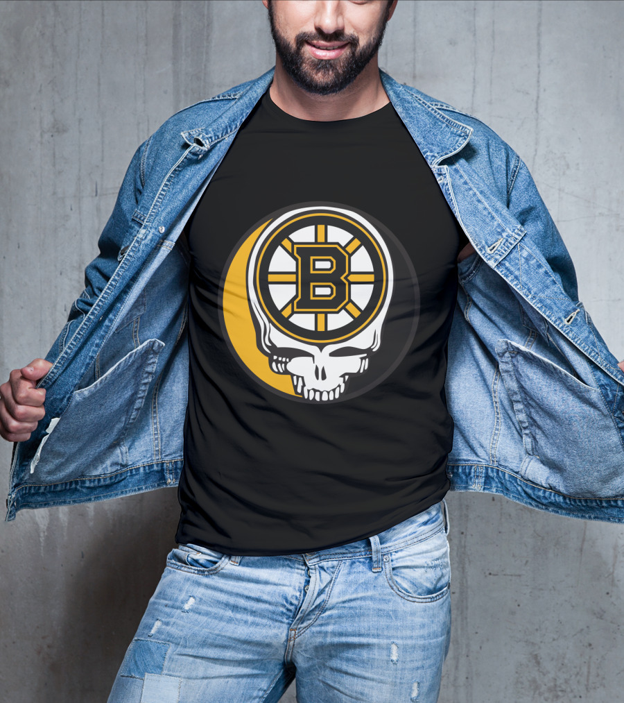 Boston Bruins And Grateful Dead Skull Logo Fusion T-Shirt