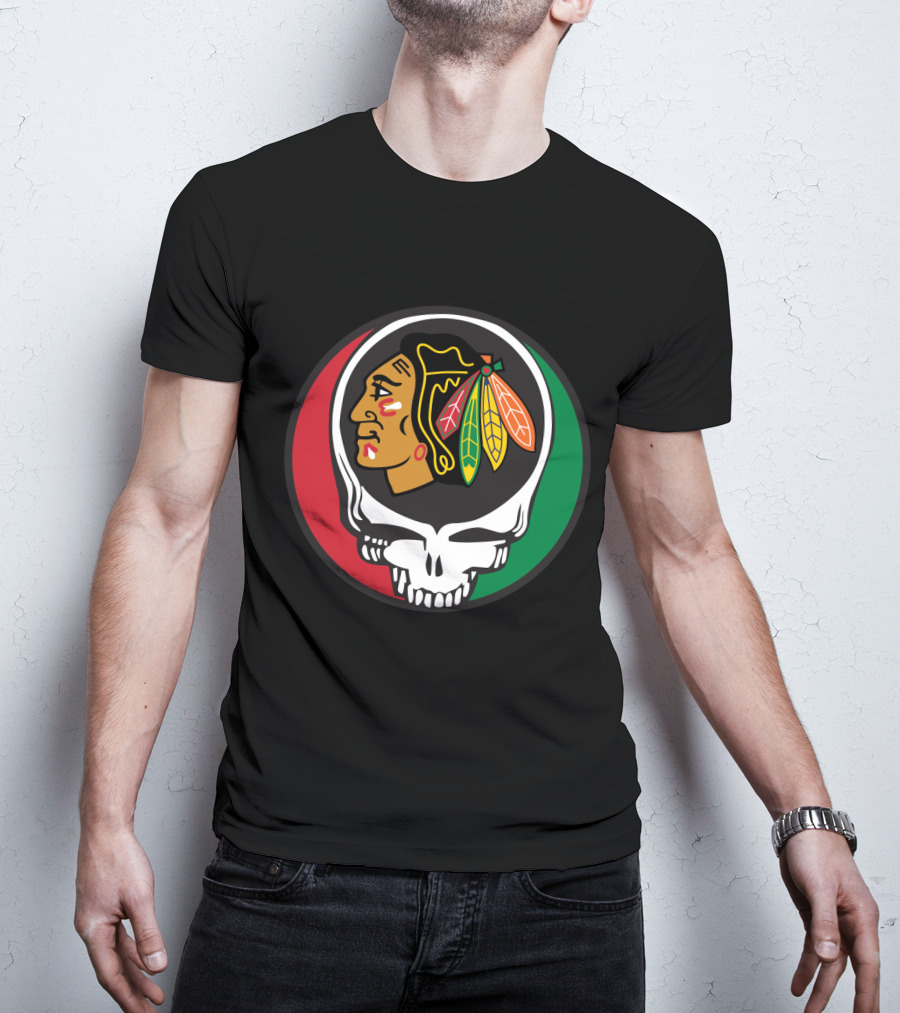 Grateful Dead Skull Chicago Blackhawks Logo Fusion For Fans T-Shirt
