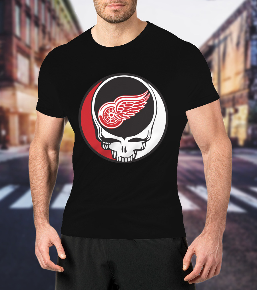Grateful Dead Skull With Detroit Red Wings Logo For Fans T-Shirt