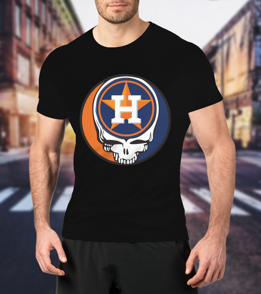 Grateful Dead Skull With Houston Astros Logo And Star In Orange And Blue T-Shirt