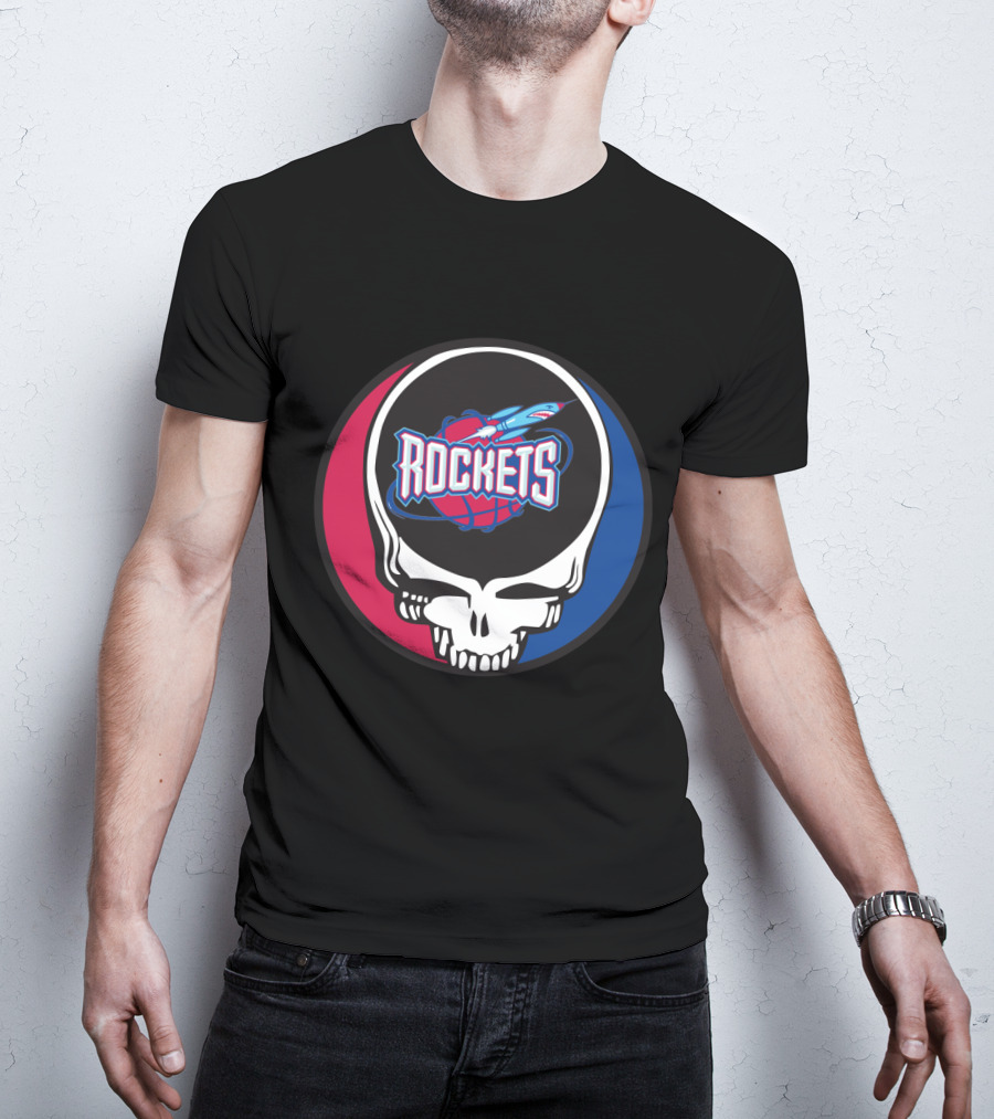 Grateful Dead Skull With Houston Rockets Basketball Logo And Blue Red Circle T-Shirt