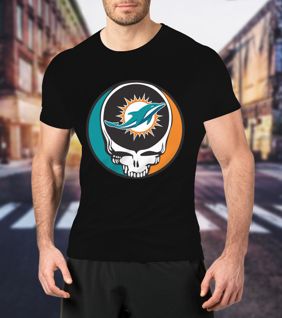 Grateful Dead Skull With Miami Dolphins Logo Fusion For Fans T-Shirt