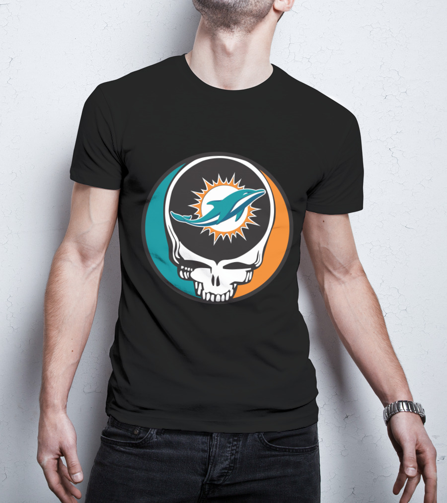 Grateful Dead Skull With Miami Dolphins Logo Fusion For Fans T-Shirt