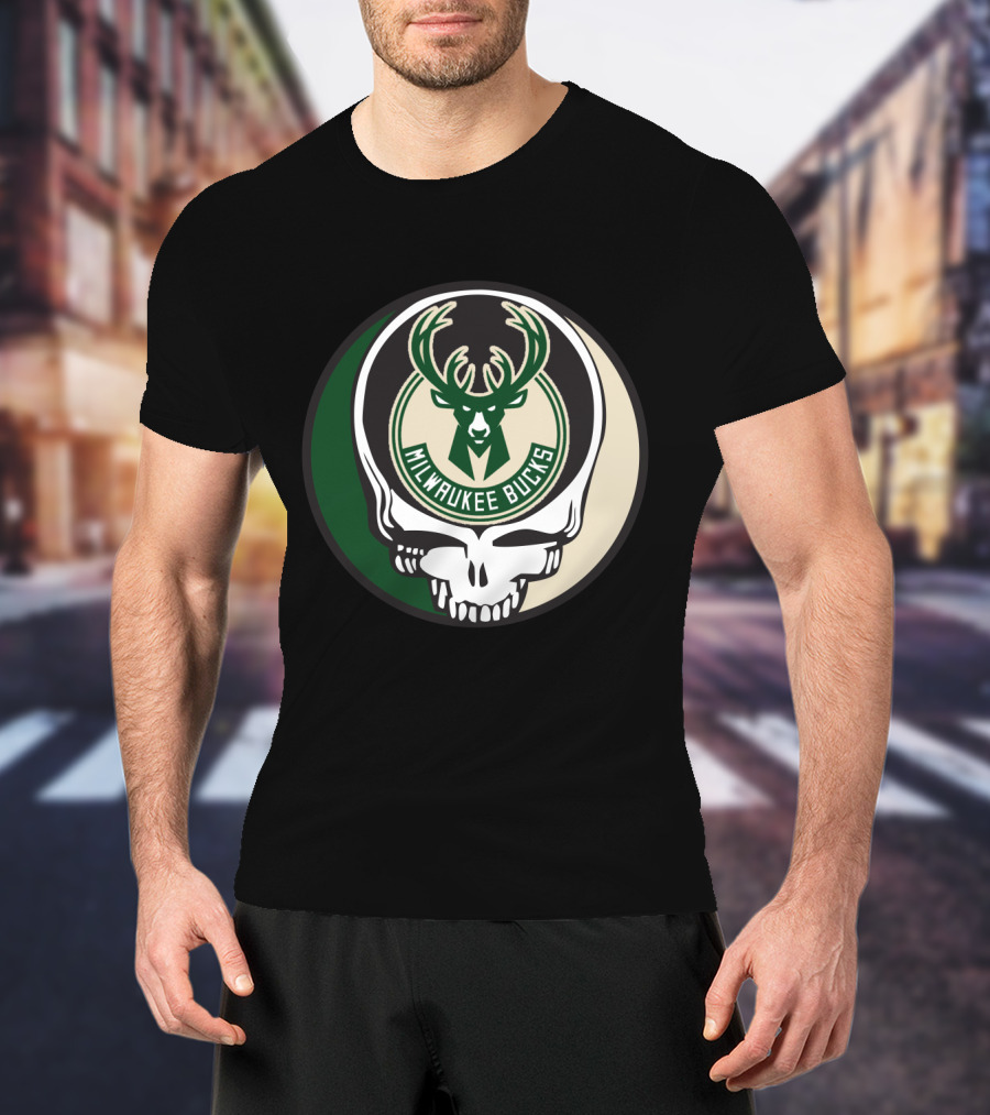 Milwaukee Bucks Grateful Dead Skull Logo Fusion T-Shirt
