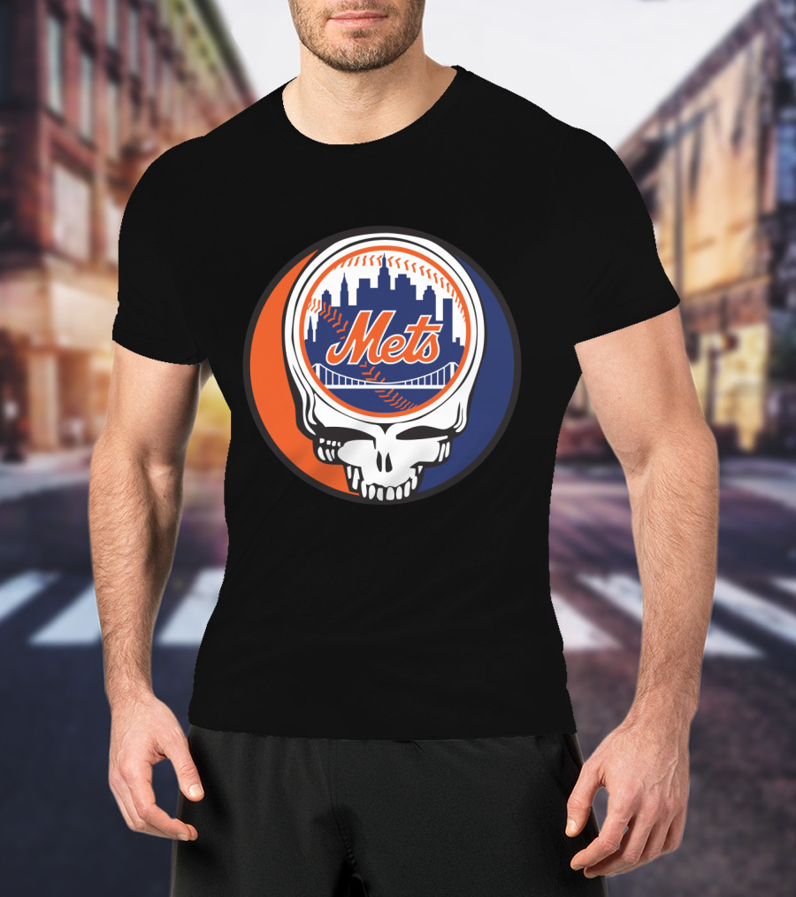 Skull Logo Blending New York Mets Skyline With Grateful Dead T-Shirt