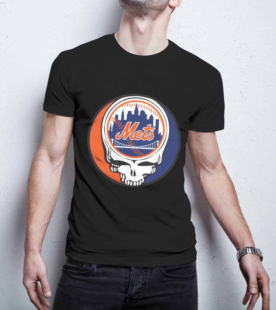 Skull Logo Blending New York Mets Skyline With Grateful Dead T-Shirt