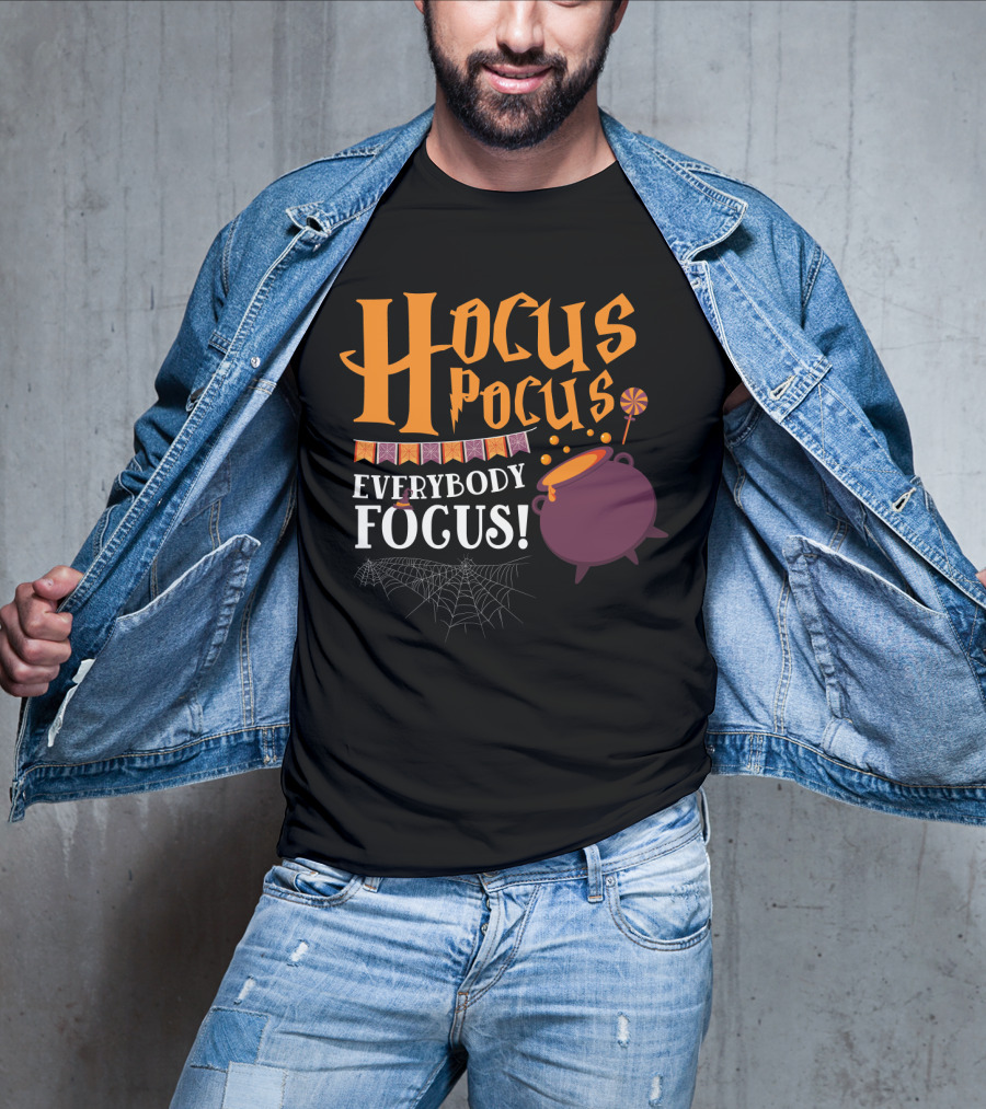 Hocus Pocus Everybody Focus Cauldron Banner Lollipop Spiderweb Halloween T-Shirt