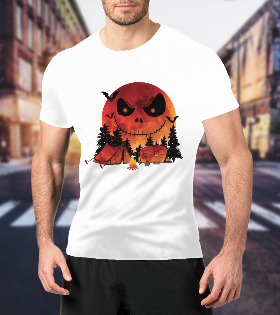 Jack Skellington Halloween Camping Under Blood Moon With Tent And Camper T-Shirt