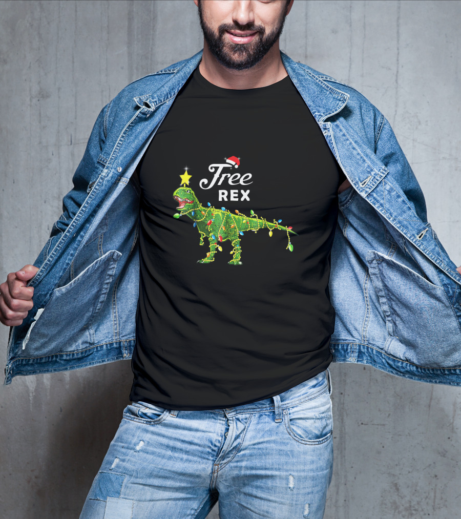 Free Rex Dinosaur Christmas Festive Lights Santa Hat Star Topper T-Shirt