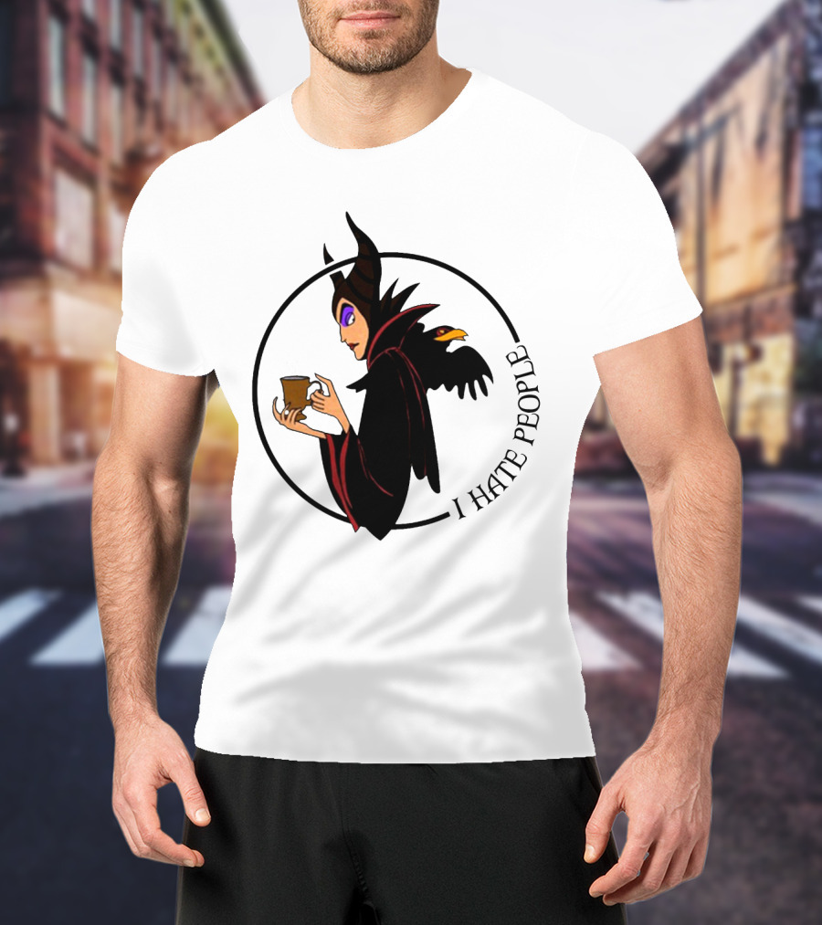 Maleficent Coffee Holding With I Hate People Text And Raven On Shoulder T-Shirt