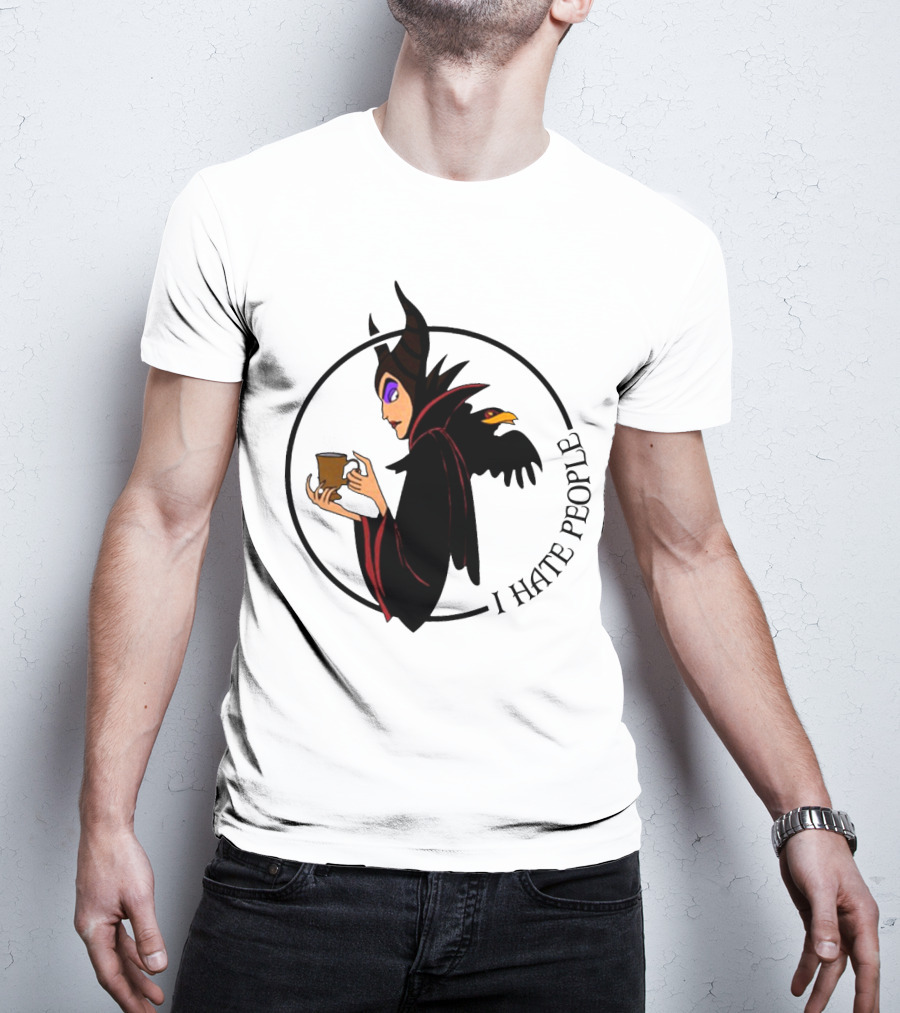 Maleficent Coffee Holding With I Hate People Text And Raven On Shoulder T-Shirt