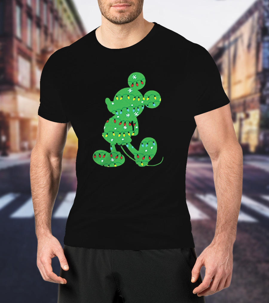 Mickey Mouse Silhouette With Festive Christmas Lights And Green Holiday T-Shirt