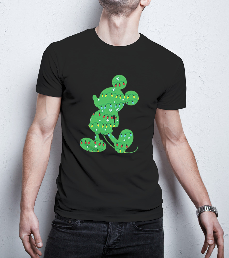 Mickey Mouse Silhouette With Festive Christmas Lights And Green Holiday T-Shirt