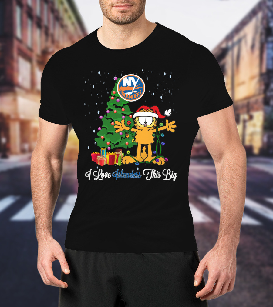 I Love New York Islanders This Big Christmas Tree Santa Hat Presents Garfield T-Shirt