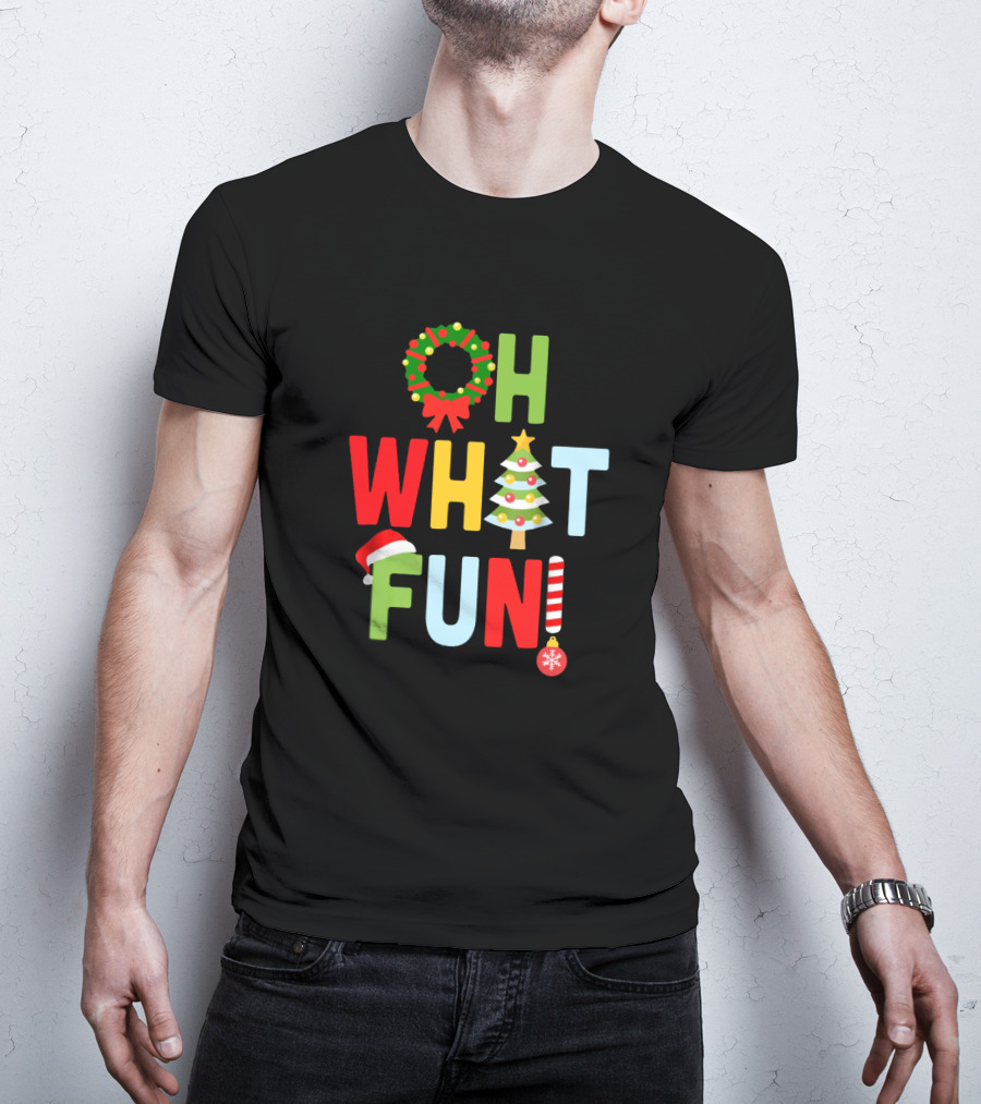 Oh What Fun Christmas With Wreath, Tree, Santa Hat, And Candy Cane T-Shirt