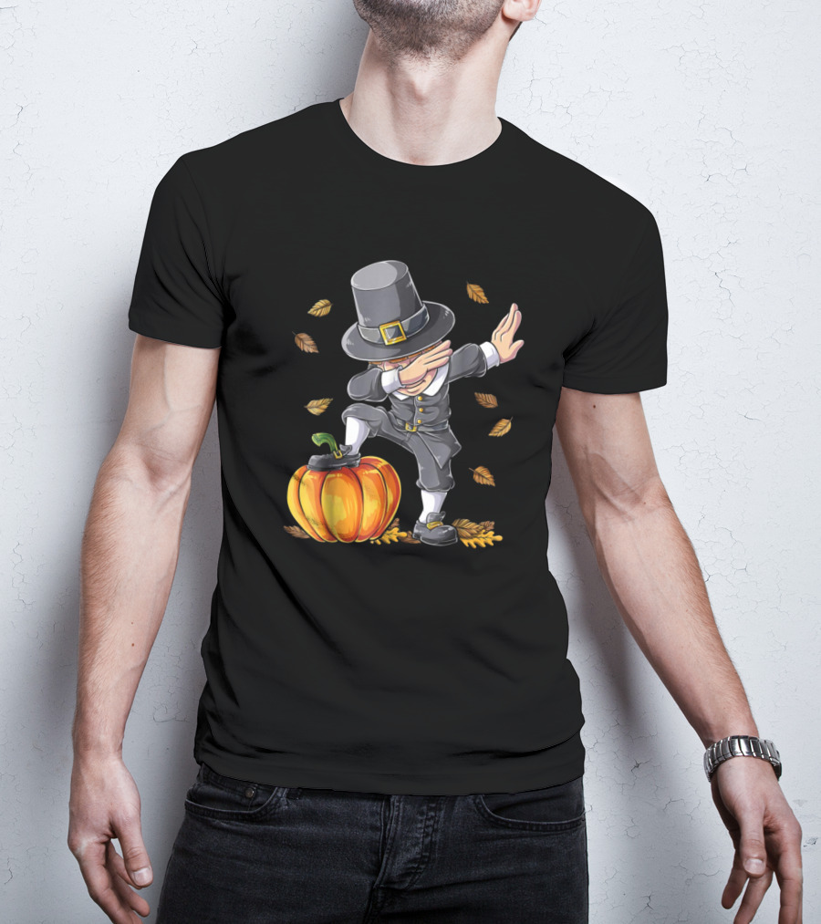 Pilgrim Dabbing On Pumpkin With Falling Autumn Leaves T-Shirt
