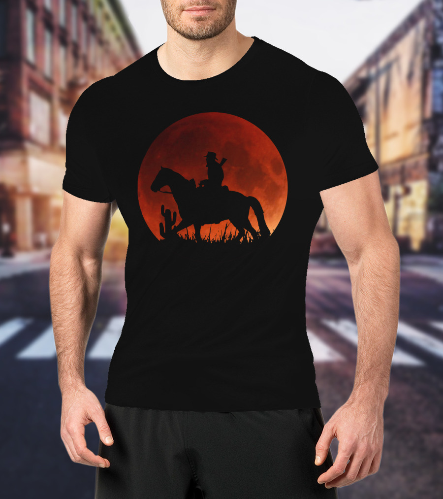 Red Moon Cowboy Riding Silhouette Red Dead Redemption T-Shirt