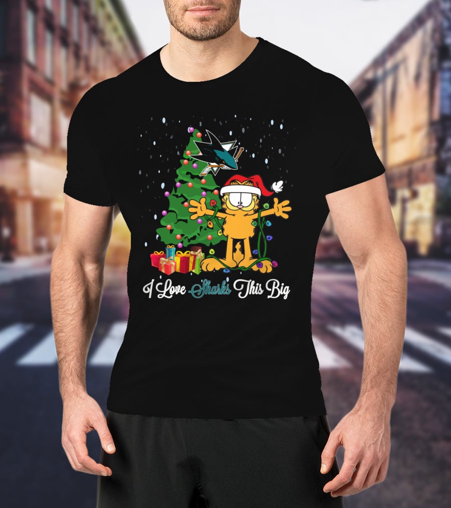 I Love San Jose Sharks Christmas Tree With Garfield Holiday Scene T-Shirt