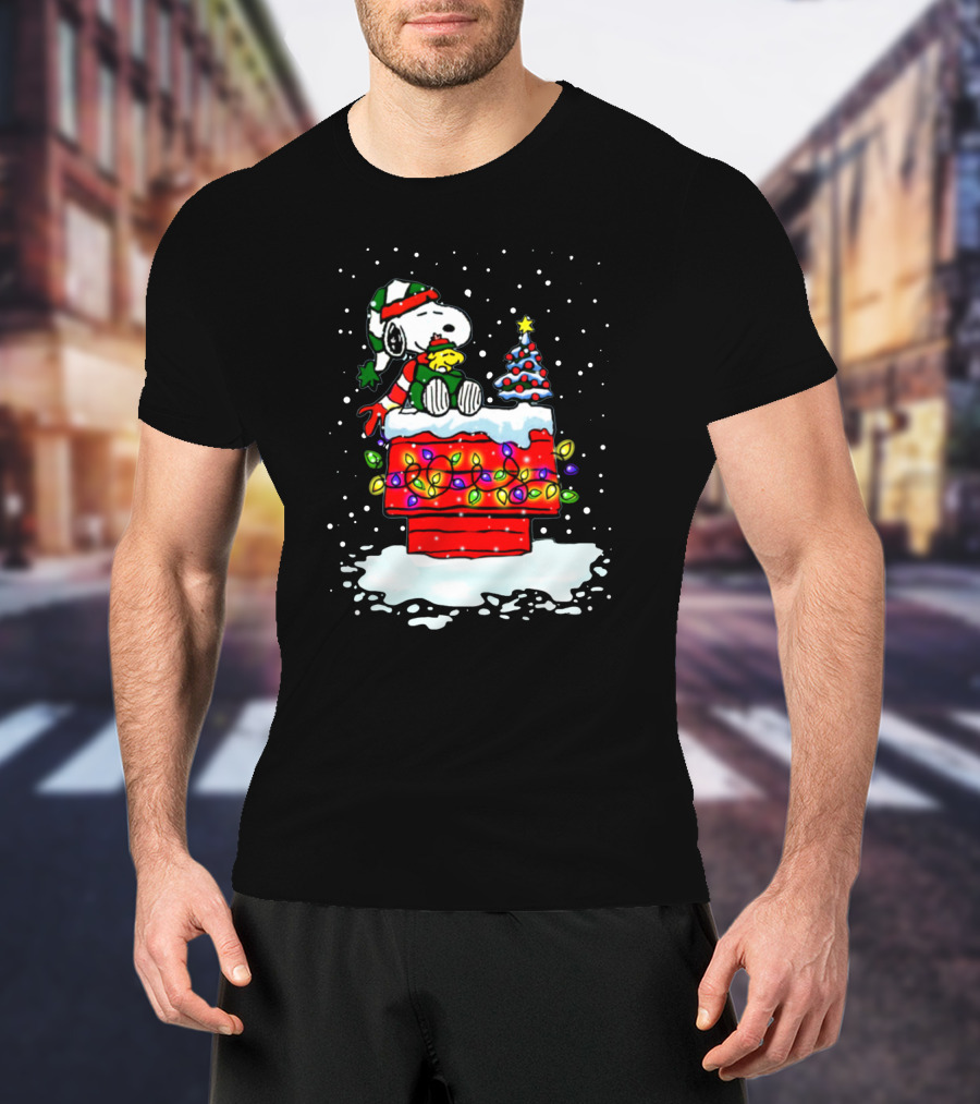Snoopy Christmas Lights On Doghouse With Woodstock And Winter Scene From Peanuts T-Shirt