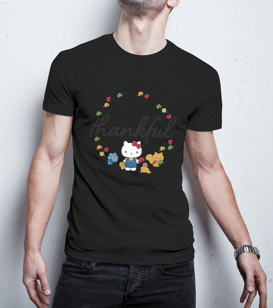 Thankful Hello Kitty Surrounded By Colorful Autumn Leaves And Forest Friends T-Shirt