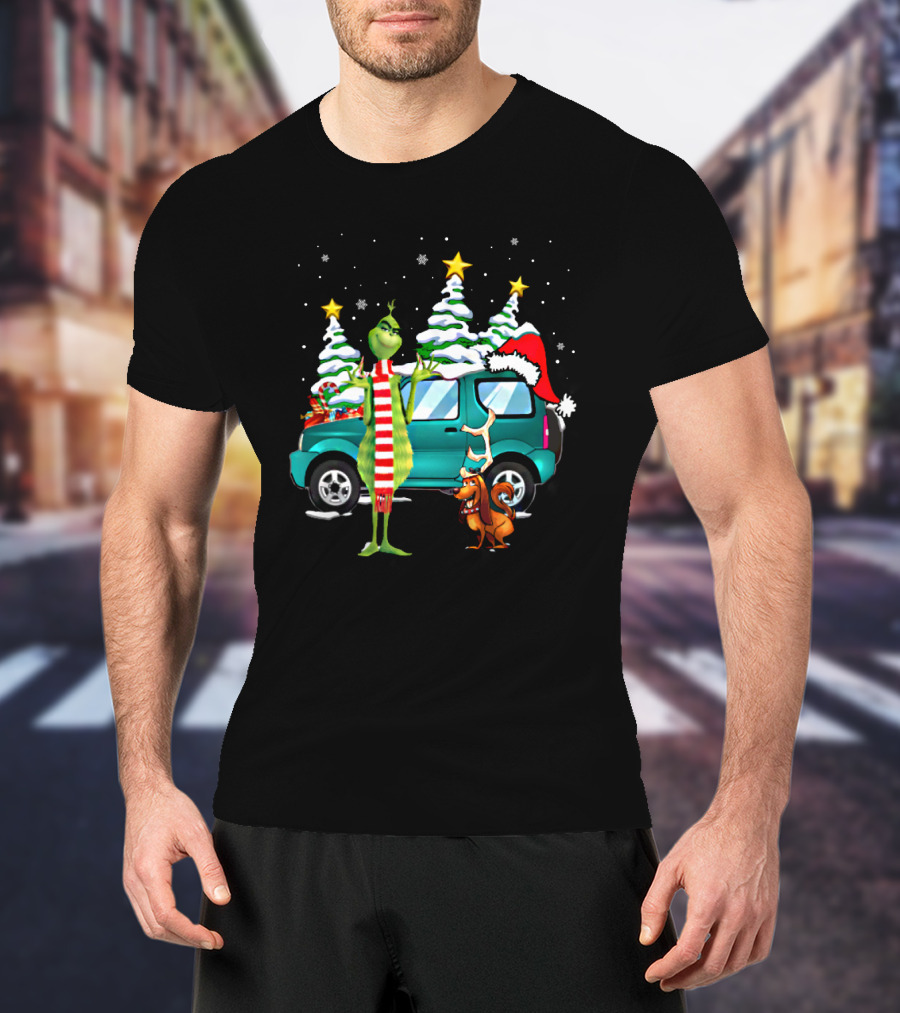 Grinch Max Dog Christmas Snow Trees Santa Hat Car Scene T-Shirt