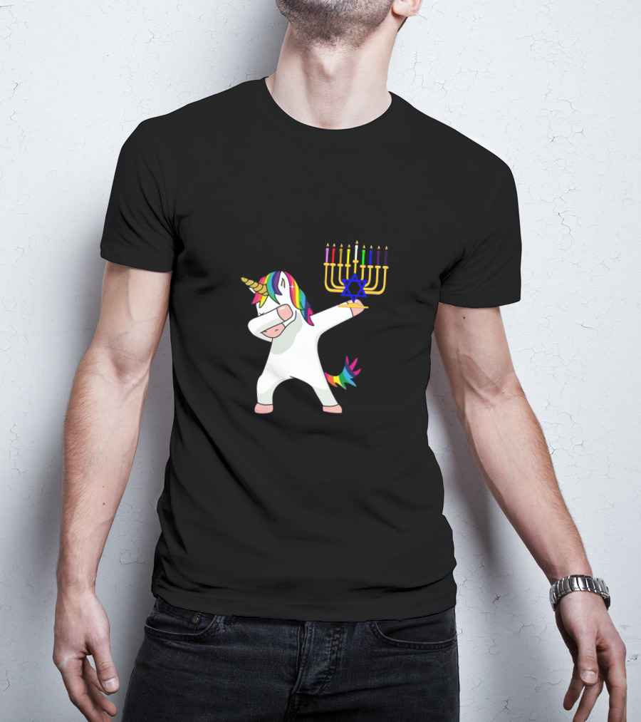 Unicorn Dabbing With Menorah Hanukkah Rainbow Mane And Tail T-Shirt