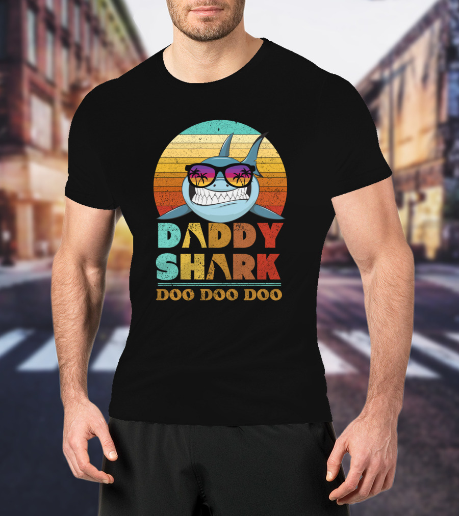 Daddy Shark Doo Doo Doo Retro Sunset Sunglasses Palms Colorful T-Shirt