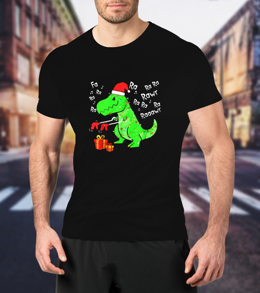 Santa Hat Dinosaur With Christmas Lights And Presents Singing Fa Ra Ra Ra Rawr Raaawr Tree Rex T-Shirt
